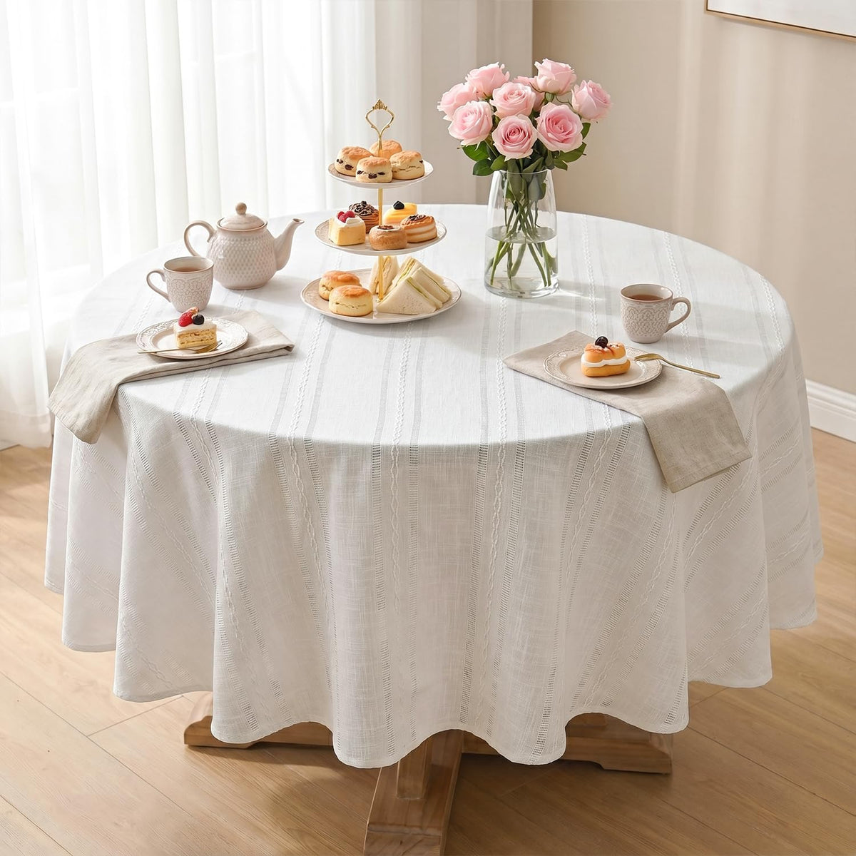 Horaldaily Light Coffee Round Tablecloth, 60×60 Inch, Farmhouse Style