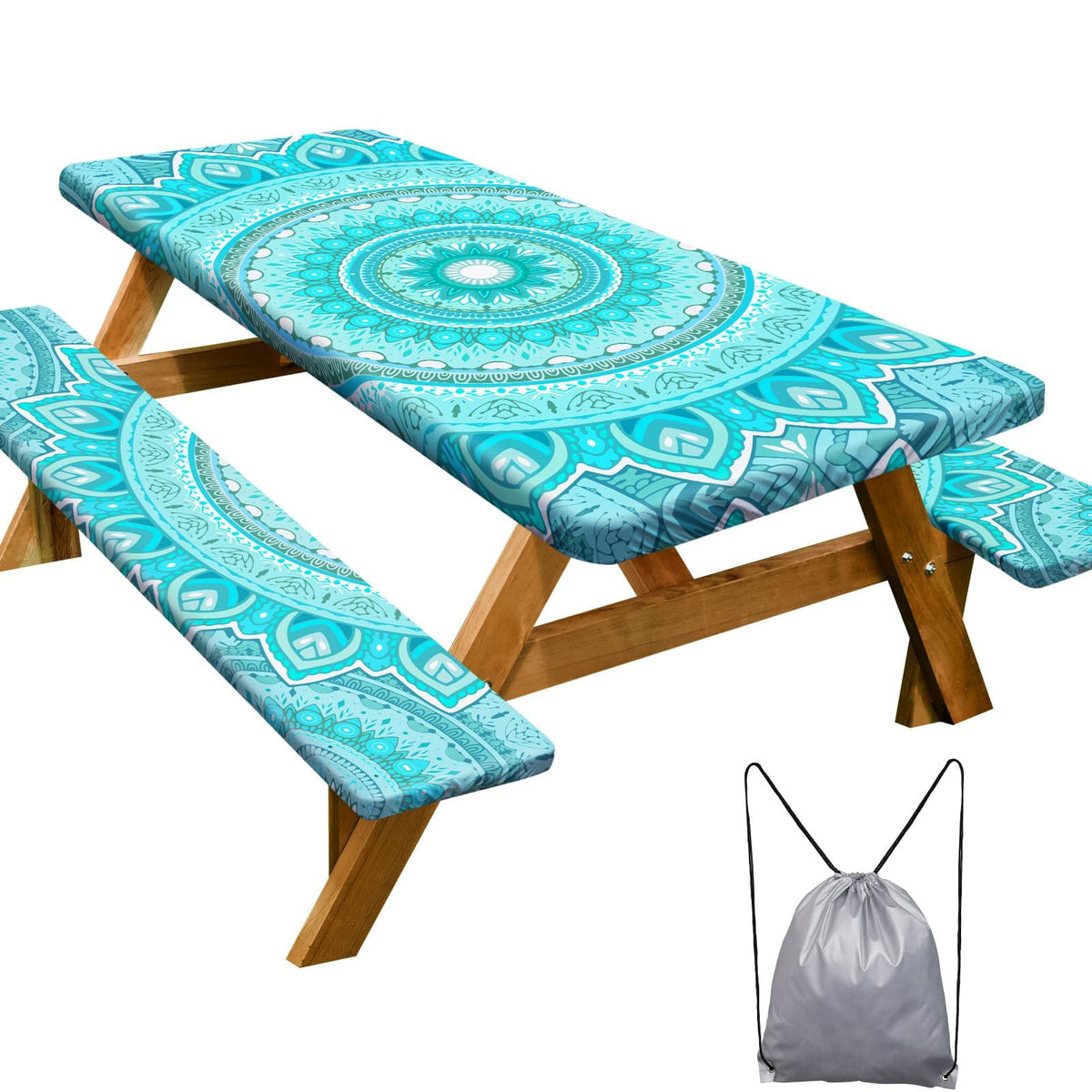 Picnic Table Cover with Bench Covers Camping Essentials Waterproof Windproof Camping Tablecloth with Drawstring Bag, Fitted Rectangle Tables and Seats, 72in, Bohemian
