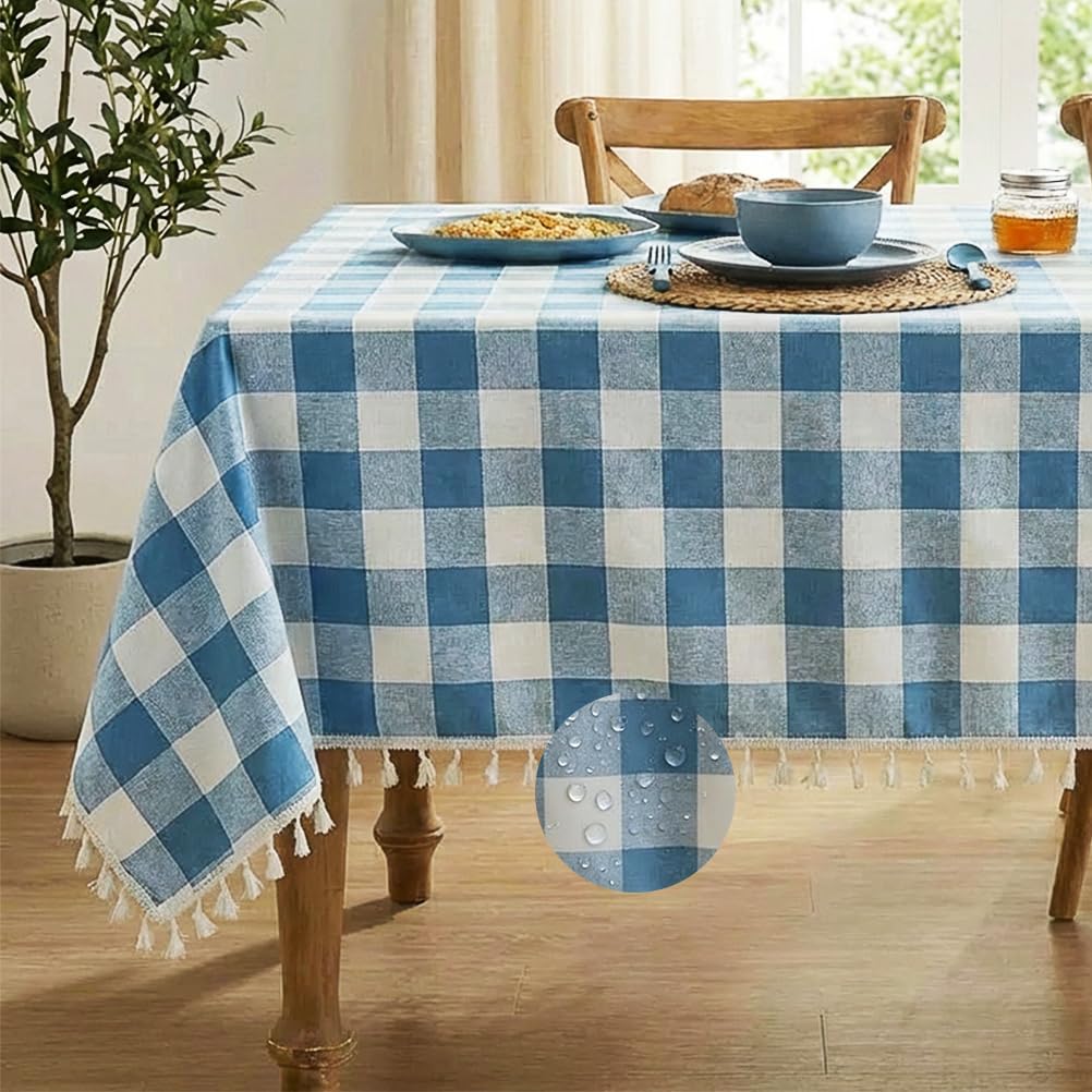 Deep Dream Water-Resistant Checkered Tablecloth Rectangle, Cotton Linen Gingham Table Cloth with Tassel, Wrinkle Free Buffalo Plaid Table Cover for Picnic Kitchen Dining Room - 55 x 70 Inch, Khaki