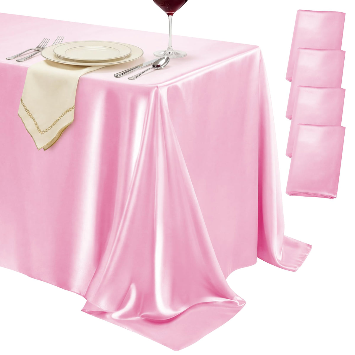 4 Pack Ivory Satin Tablecloth 58 x 102 Inch Overlay Seamless Design