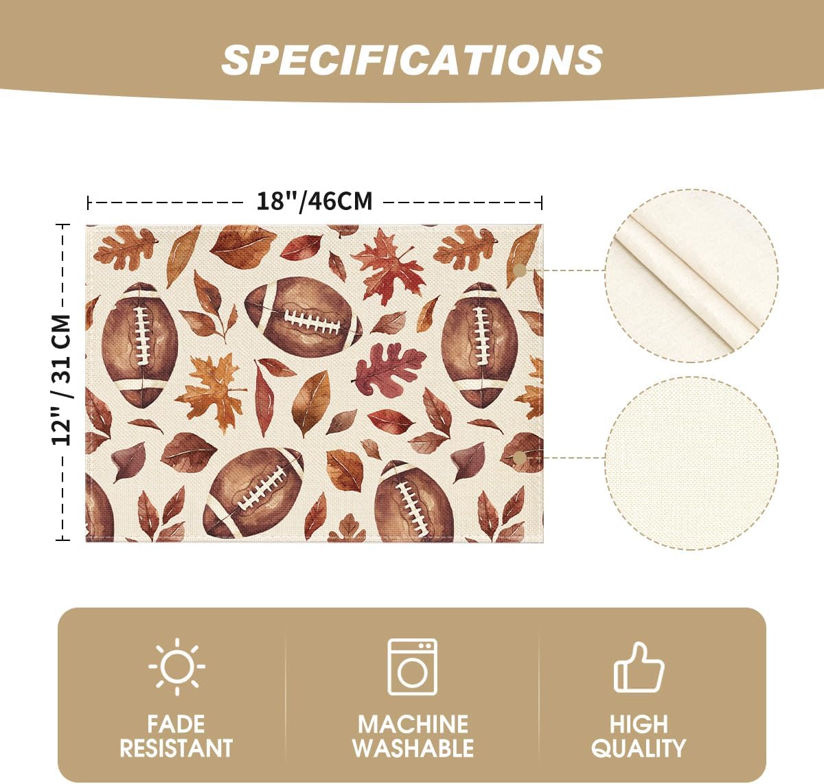 Artoid Mode Football Rugby Leaves Fall Placemats Set of 4, 12x18 Inch Seasonal Autumn Table Mats for Party Kitchen Dining Decoration