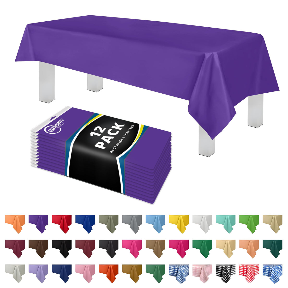 Grandipity Plastic Table Cloth Disposable 12 Pack 54” x 108” Rectangle