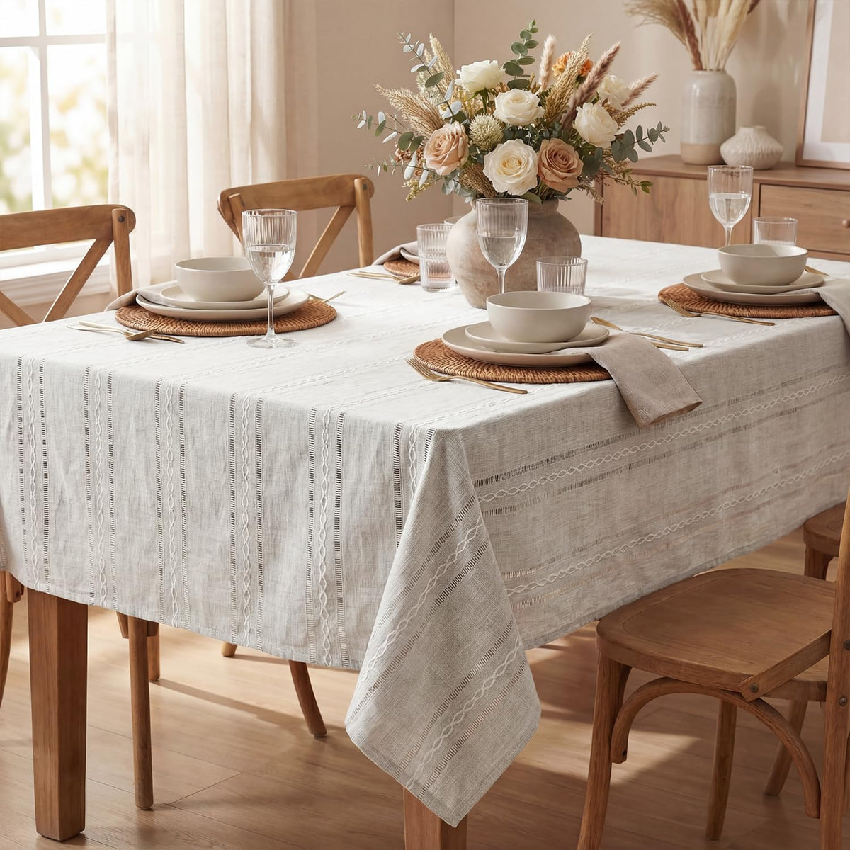 Horaldaily Light Coffee Round Tablecloth, 60×60 Inch, Farmhouse Style