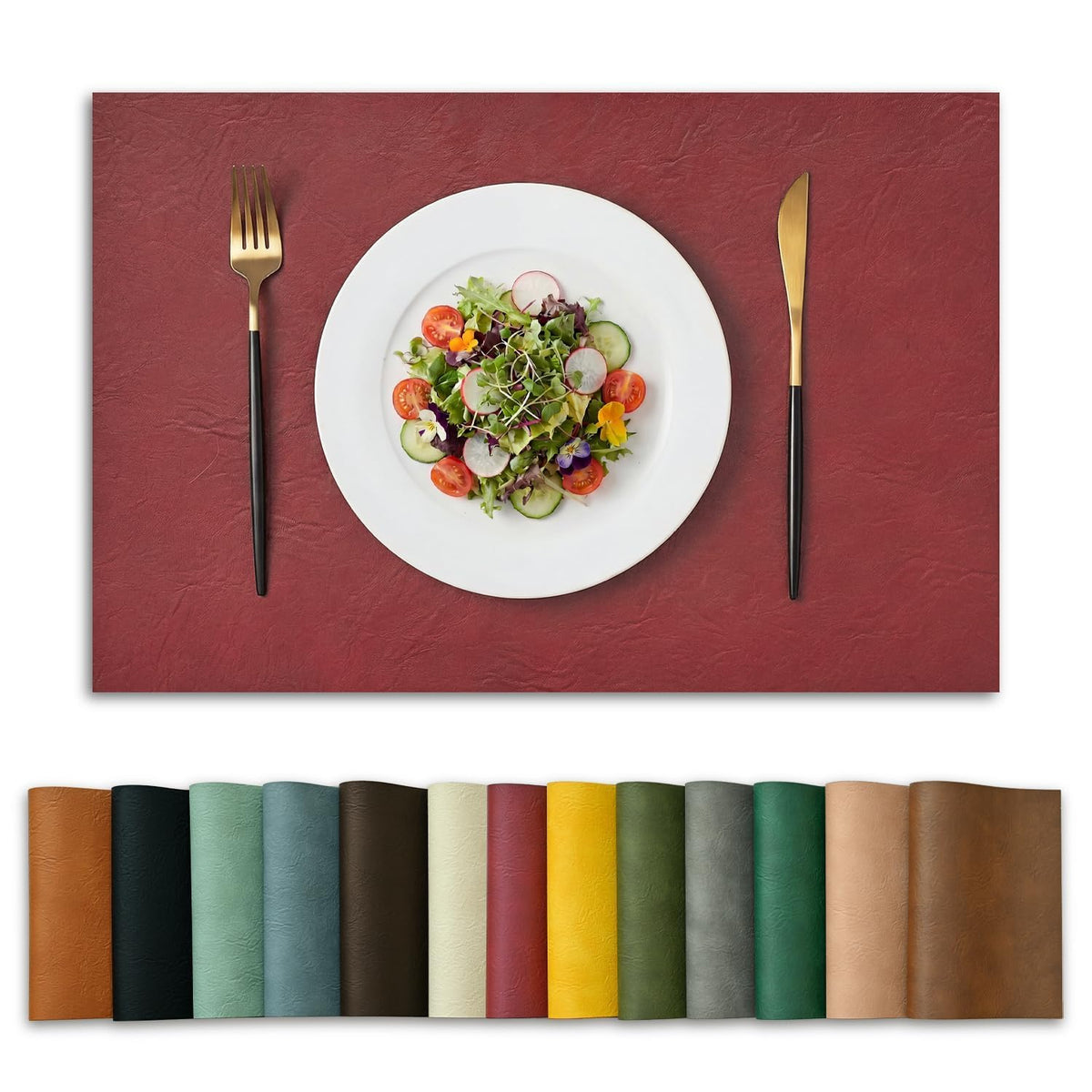 Artoid Mode Olive Green Faux Leather Placemats Set of 6, 12x18 Inch Waterproof Wipeable Heat Resistant Vinyl Place Mats, Reversible Table Mats for Kitchen Dining Decor