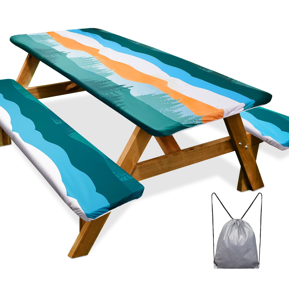 Picnic Table Cover with Bench Covers Camping Essentials Waterproof Windproof Camping Tablecloth with Drawstring Bag, Fitted Rectangle Tables and Seats, 72in, Bohemian