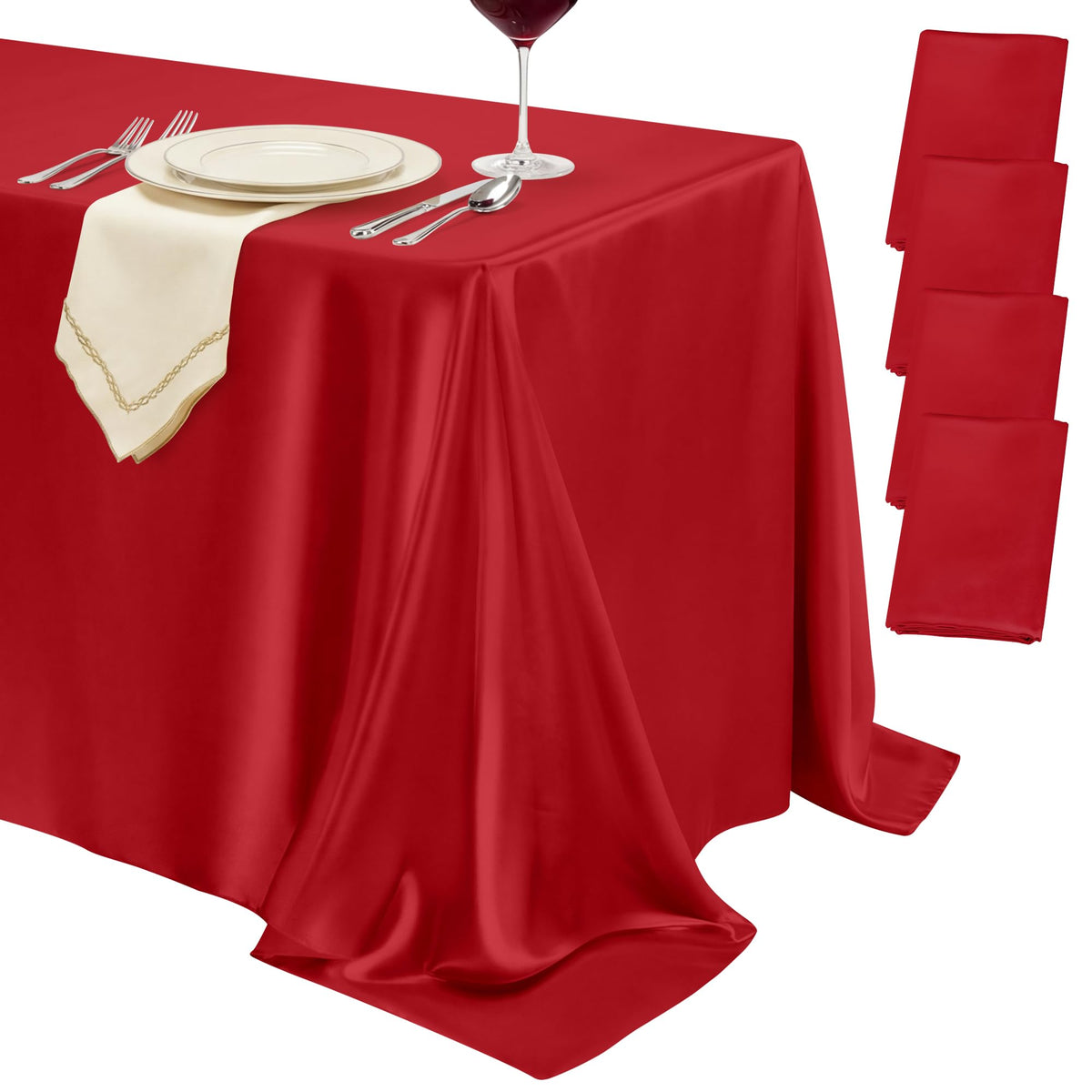4 Pack Ivory Satin Tablecloth 58 x 102 Inch Overlay Seamless Design