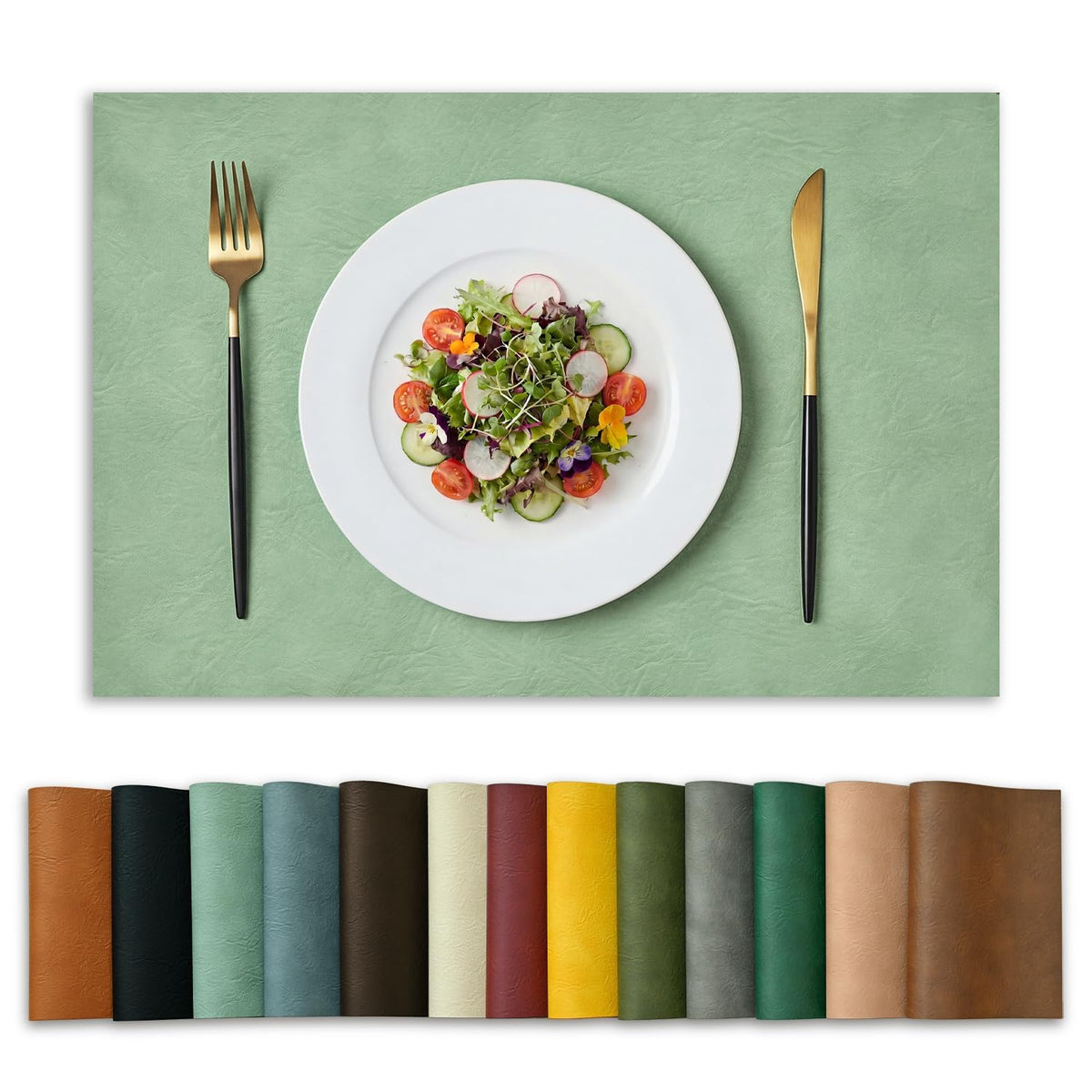 Artoid Mode Olive Green Faux Leather Placemats Set of 6, 12x18 Inch Waterproof Wipeable Heat Resistant Vinyl Place Mats, Reversible Table Mats for Kitchen Dining Decor
