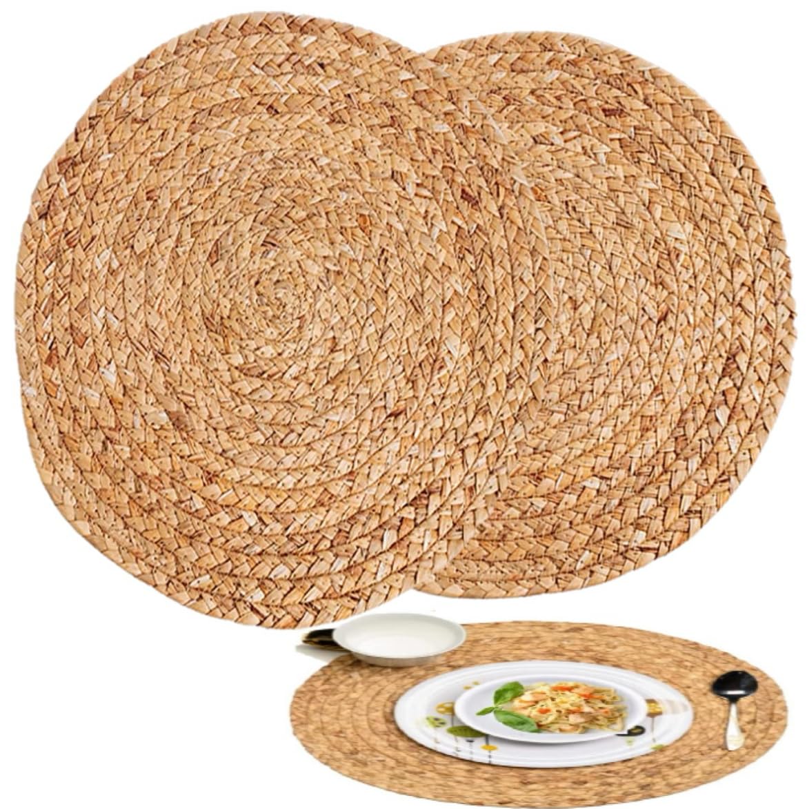 Round Woven Placemats, Natural, 35cm, Set of 2
