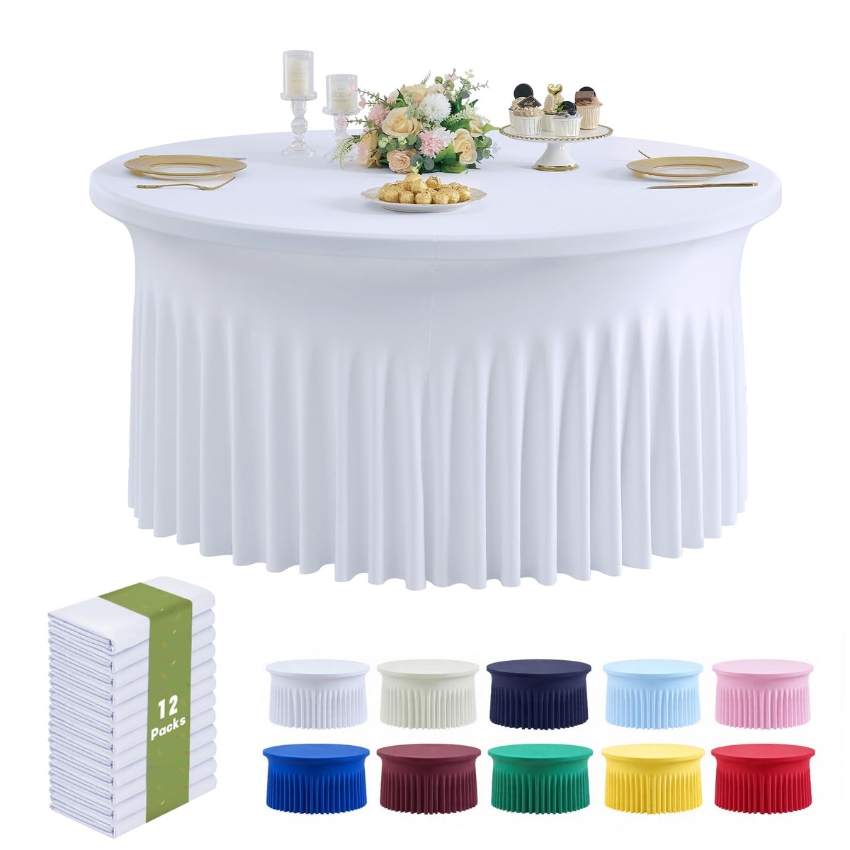 Outpain 6 Pack White Round Spandex Tablecloths for 60in Tables, 120Inch Stretchy Fitted 5FT Round Table Clothes,Wrinkle Free Table Cover with Skirt for Wedding Party Dining Banquet
