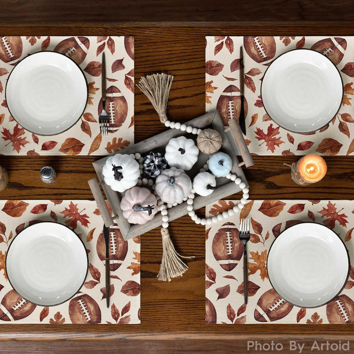 Artoid Mode Football Rugby Leaves Fall Placemats Set of 4, 12x18 Inch Seasonal Autumn Table Mats for Party Kitchen Dining Decoration