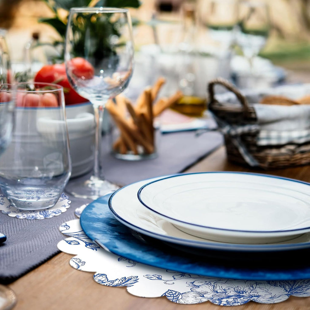 100 Pcs Vintage Blue Floral Paper Placemats Coaster Scalloped Edge