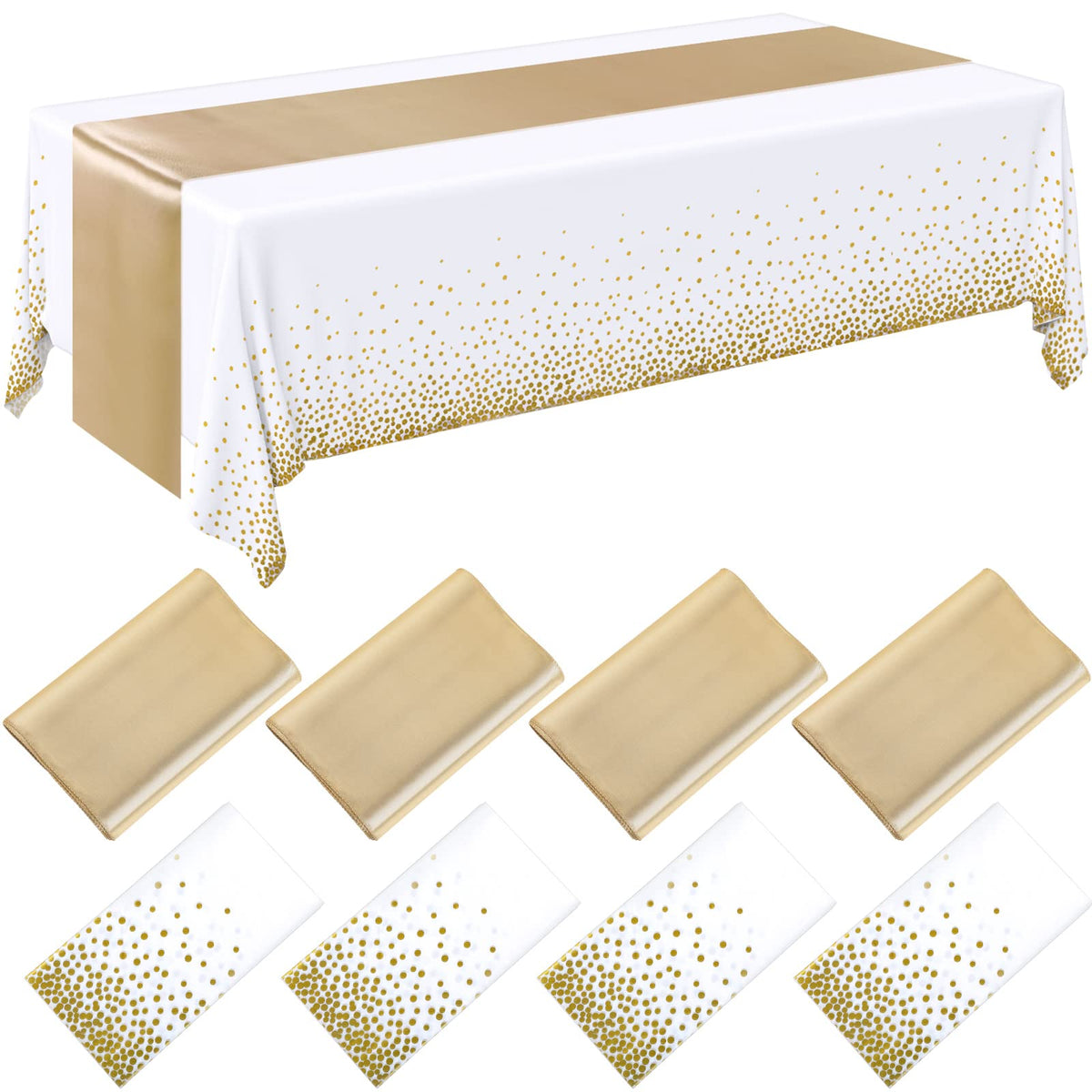 Breling 8 Pack Green and Gold Tablecloths and Satin Runners Set