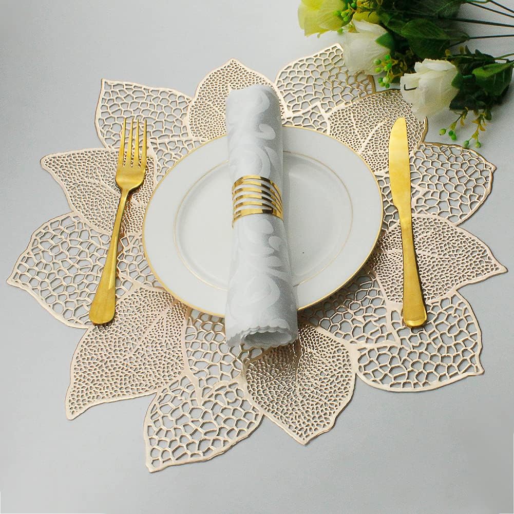 Gold Round Placemats for Dining Table Set of 6 Pressed Vinyl Metallic
