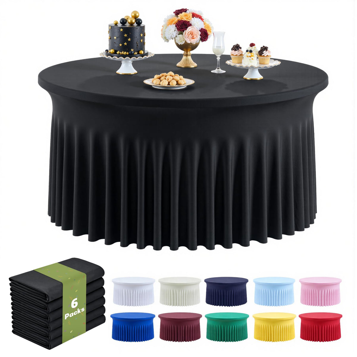 Outpain 6 Pack White Round Spandex Tablecloths for 60in Tables, 120Inch Stretchy Fitted 5FT Round Table Clothes,Wrinkle Free Table Cover with Skirt for Wedding Party Dining Banquet