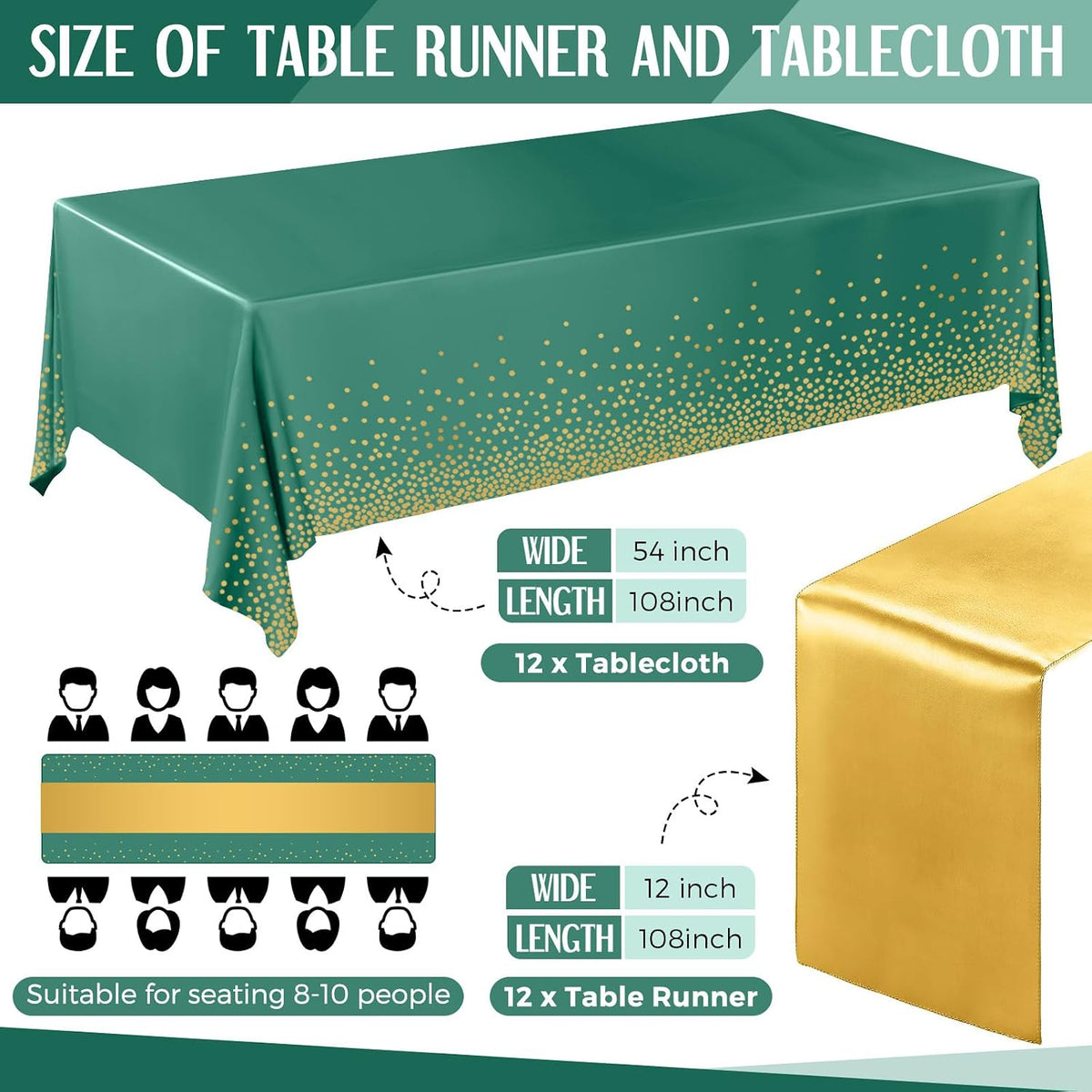 Breling 8 Pack Green and Gold Tablecloths and Satin Runners Set