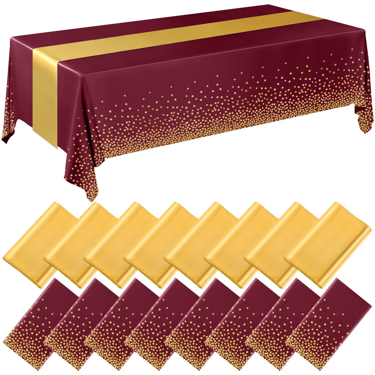 Breling 8 Pack Green and Gold Tablecloths and Satin Runners Set