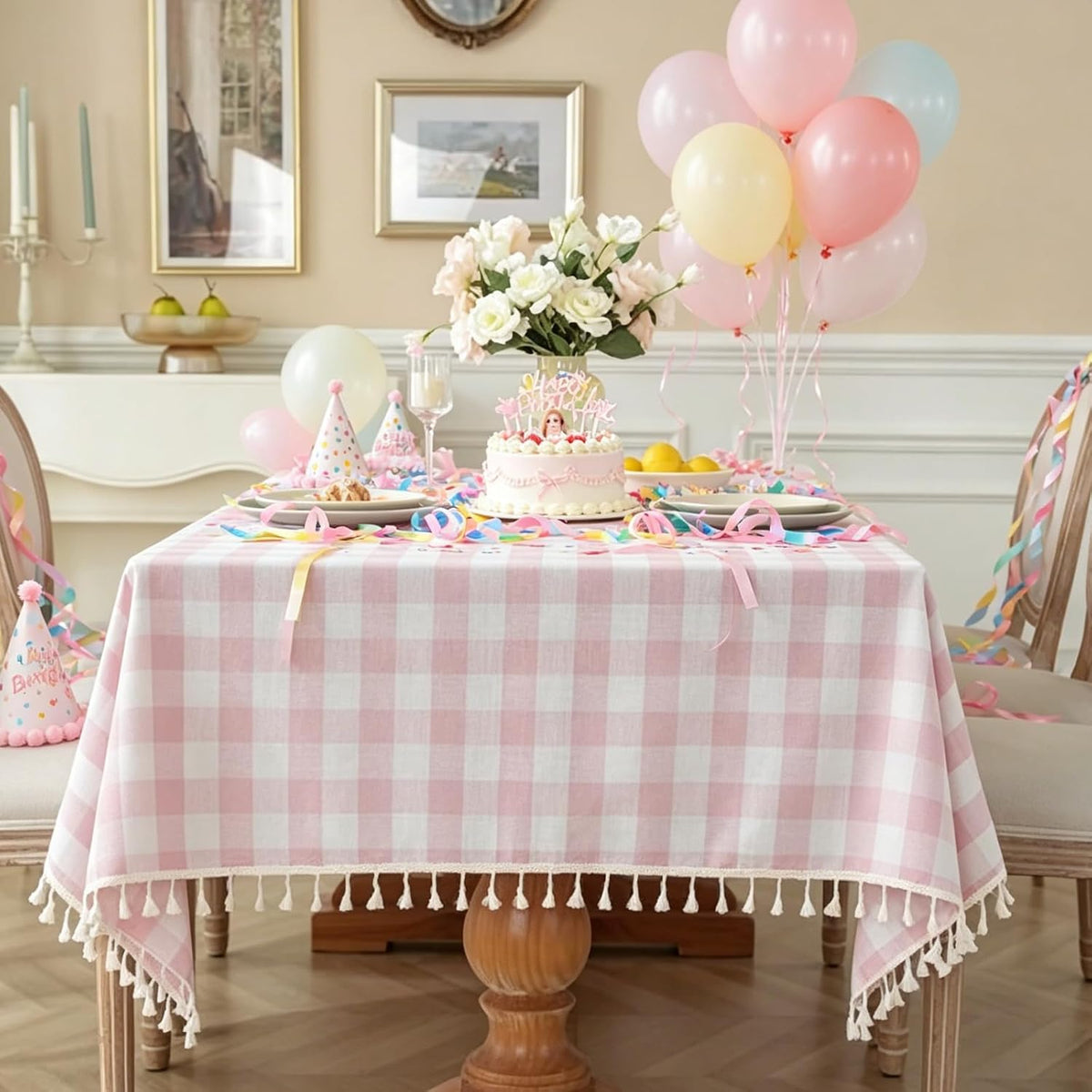 Alsoo Pink Gingham Tablecloth Rectangle 55 x 75 Inch, Washable Checkered Plaid Table Cloth Heavy Duty Linen Cotton Fabric for Mothers Day Outdoor Picnic Party Freshly Graduated