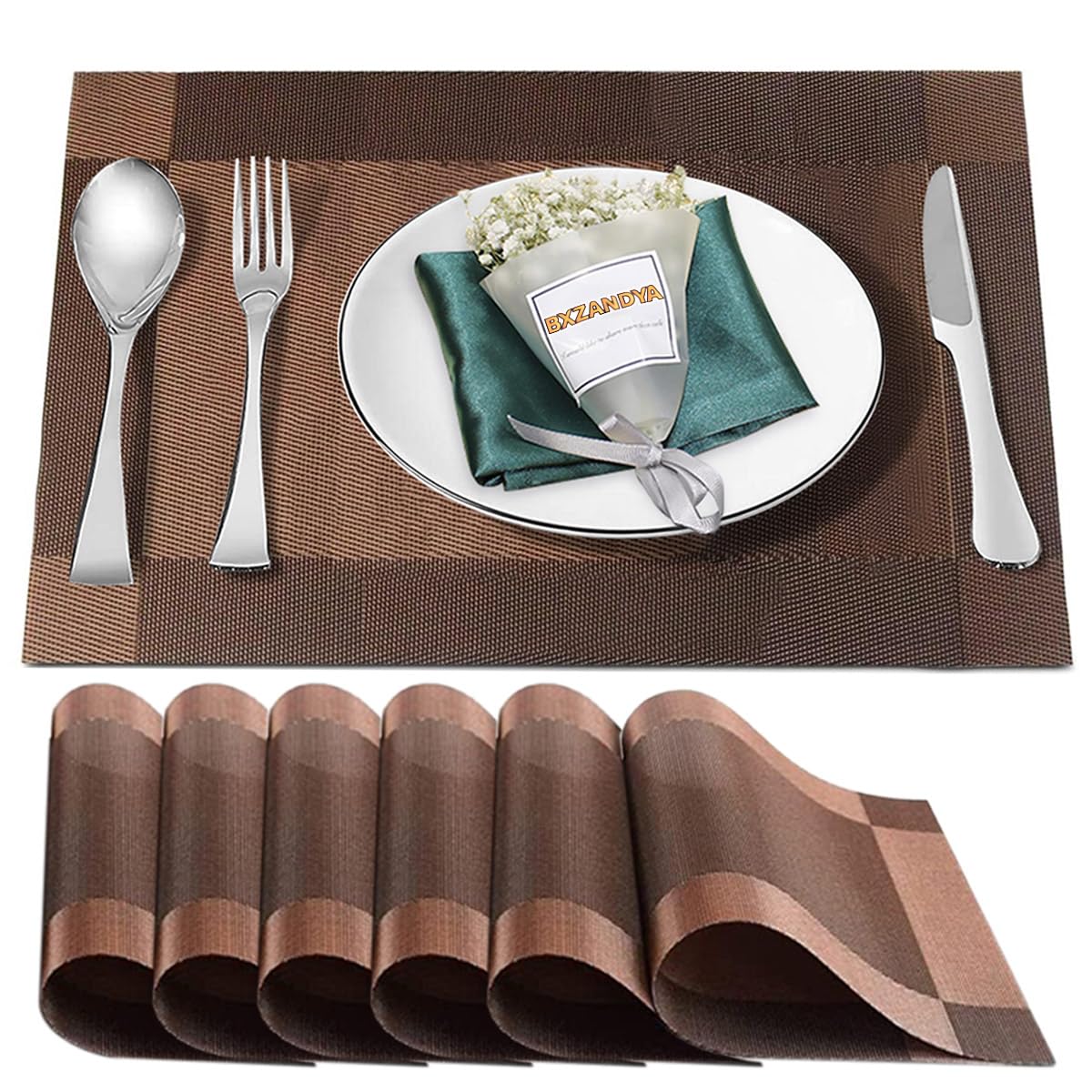 Beige Vinyl Placemats Set of 6,Washable Dining PVC Table Mats
