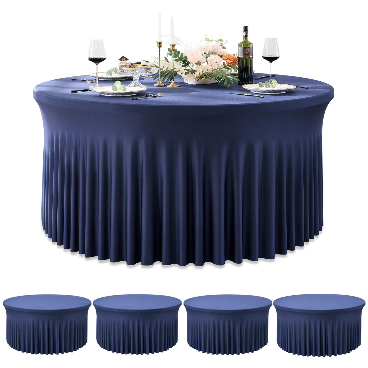 Outpain 6 Pack White Round Spandex Tablecloths for 60in Tables, 120Inch Stretchy Fitted 5FT Round Table Clothes,Wrinkle Free Table Cover with Skirt for Wedding Party Dining Banquet