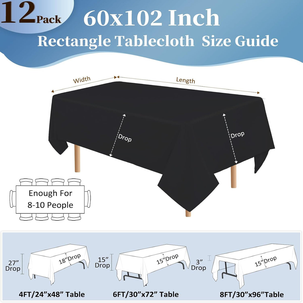 12 Pack 60 x 102 Inch Black Tablecloths for 6 Foot Rectangle Tables