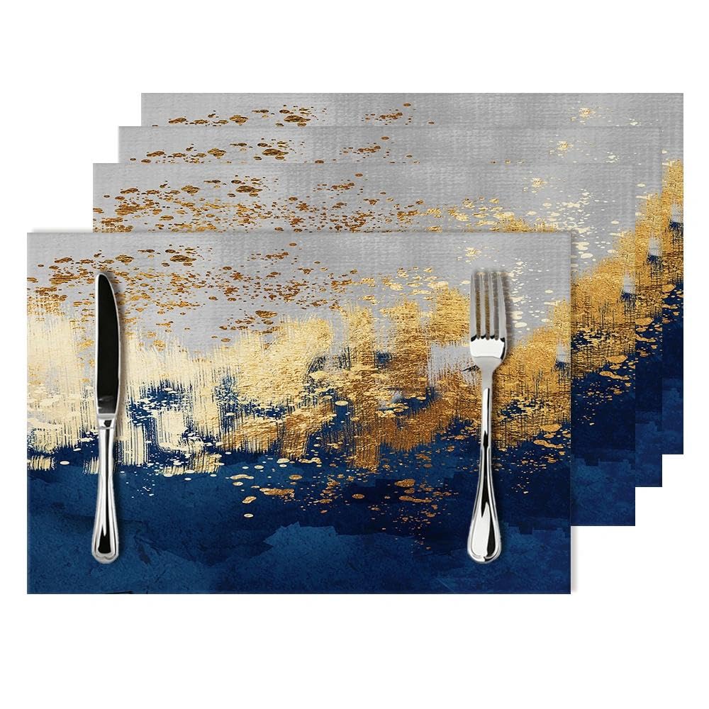 Navy Blue and Gold Splash Patterned Linen Placemats Set of 4, Washable Non-Slip Heat-Resistant Luxury Abstract Blue Gold Table Mats for Kitchen Dining Table Home Party Wedding Farmhouse, Home Decor