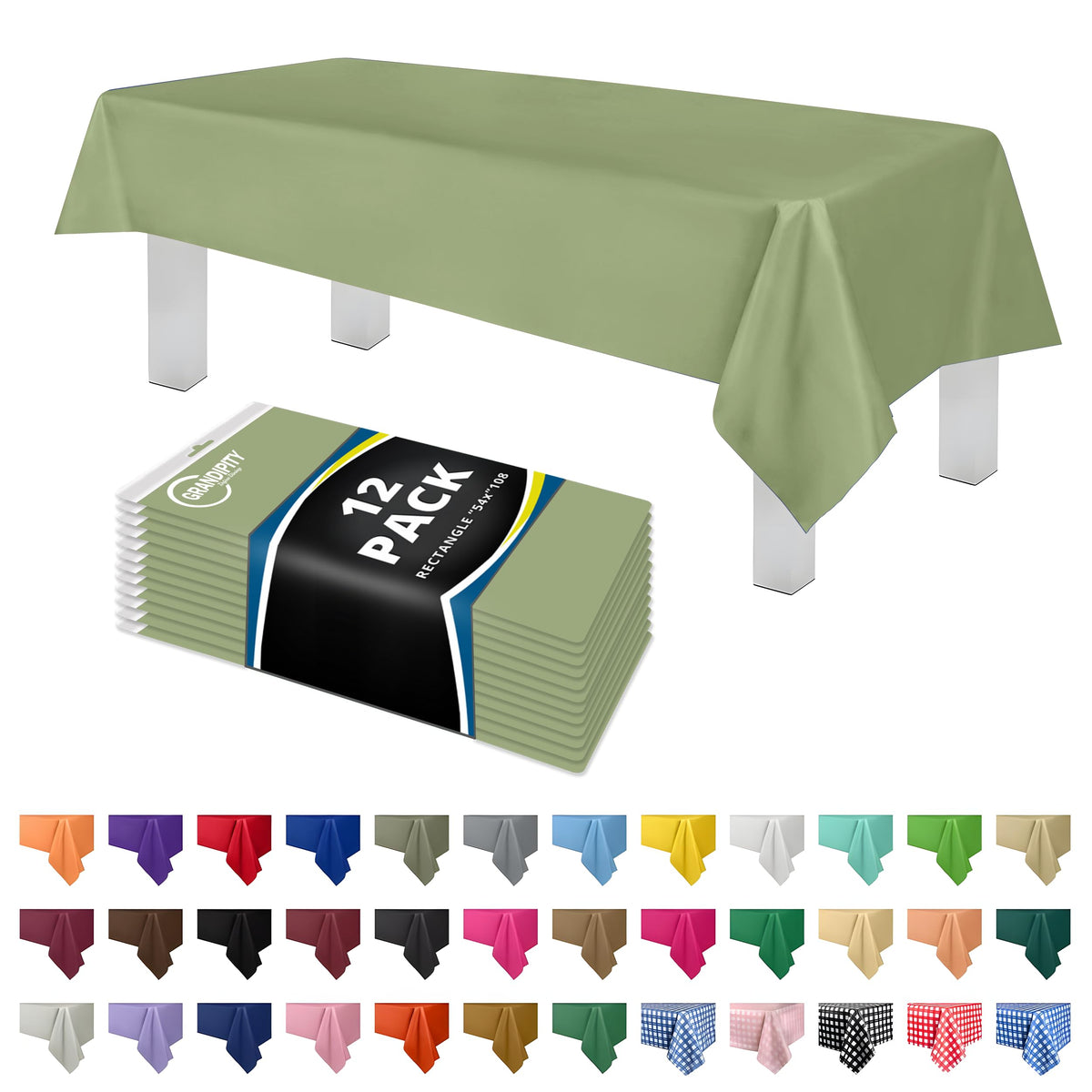 Grandipity Plastic Table Cloth Disposable 12 Pack 54” x 108” Rectangle