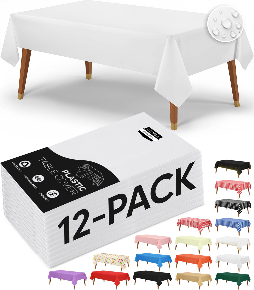 Utopia Kitchen Plastic Table Cloth Disposable [White, 12 Pack]
