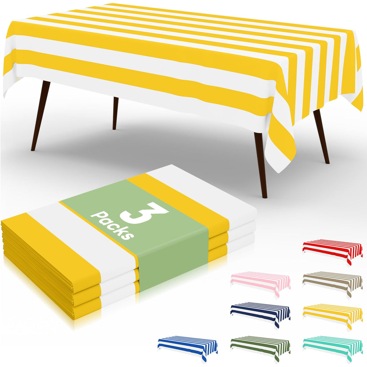 misaya 3 Packs Striped Disposable Table Cloth, 54 x 108 Inch Waterproof Rectangle Tablecloth, Leakproof & Sturdy Decorative Table Covers for Picnic, Party, Back to School and Outdoor, Yellow and White