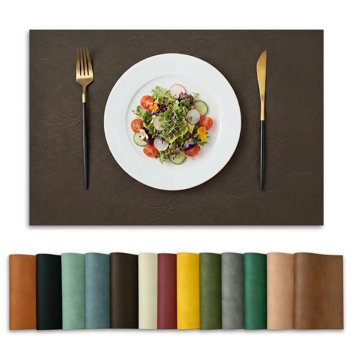 Artoid Mode Olive Green Faux Leather Placemats Set of 6, 12x18 Inch Waterproof Wipeable Heat Resistant Vinyl Place Mats, Reversible Table Mats for Kitchen Dining Decor