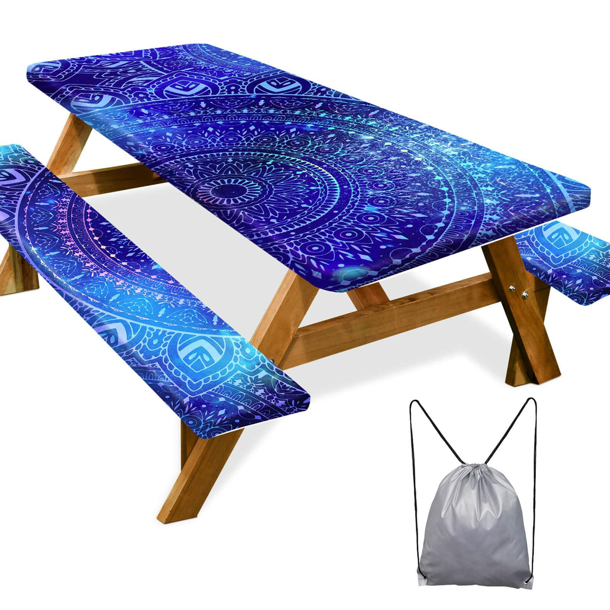 Picnic Table Cover with Bench Covers Camping Essentials Waterproof Windproof Camping Tablecloth with Drawstring Bag, Fitted Rectangle Tables and Seats, 72in, Bohemian