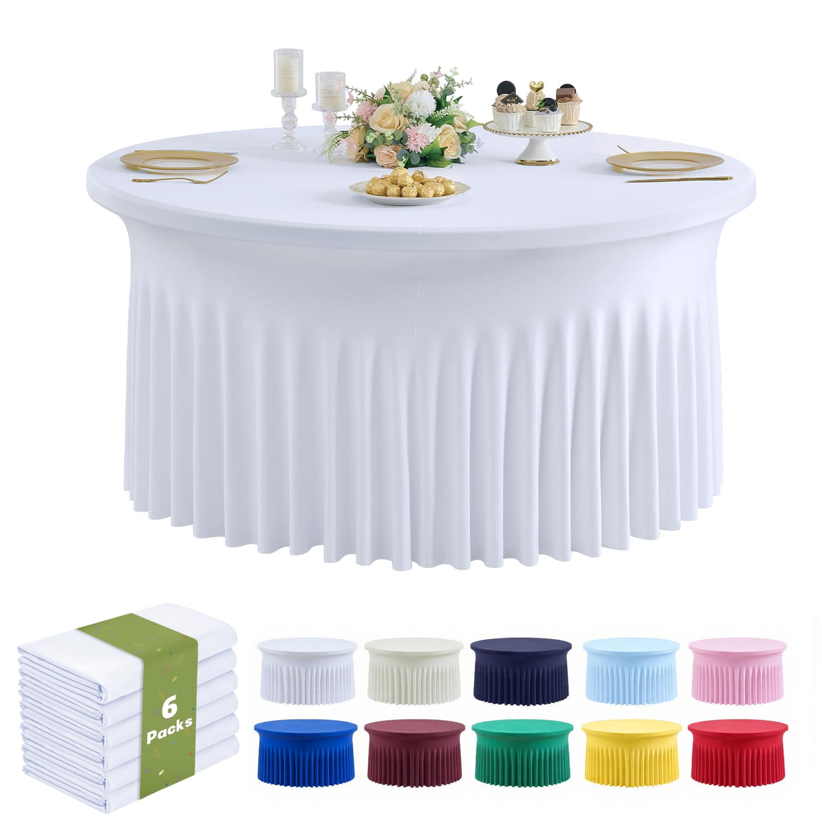 Outpain 6 Pack White Round Spandex Tablecloths for 60in Tables, 120Inch Stretchy Fitted 5FT Round Table Clothes,Wrinkle Free Table Cover with Skirt for Wedding Party Dining Banquet