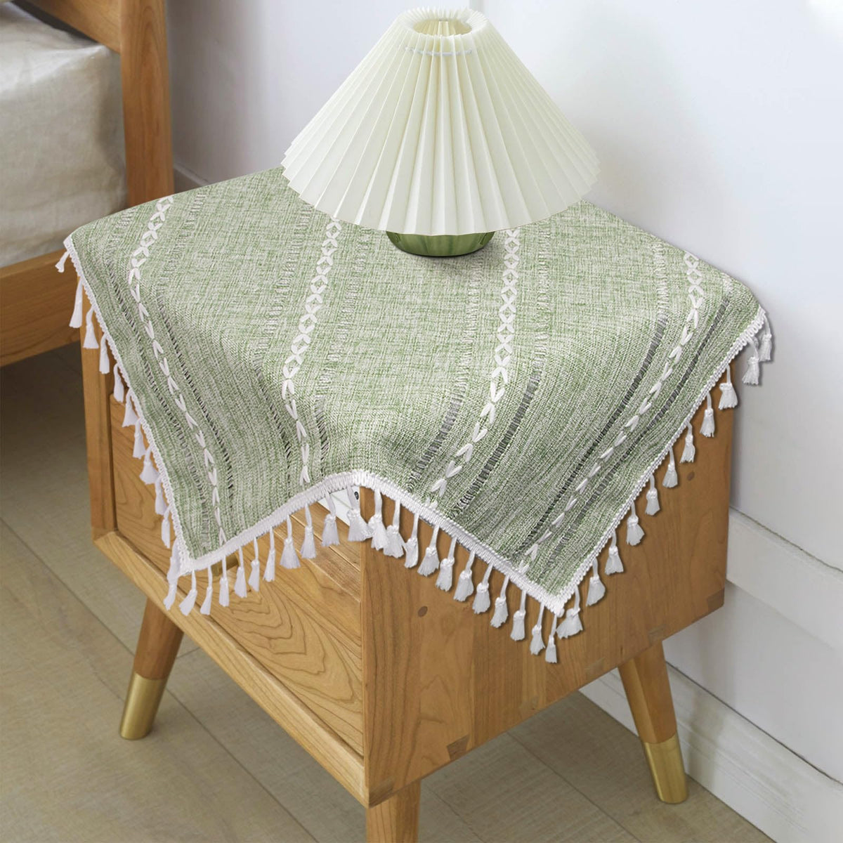 Boho Small Square Tablecloth 36''x36'', Sage Green Linen Coffee Table Cover, Spring Nightstand Cover Top, End Bedside Table Cloth Runner, Coastal Rustic Farmhouse Summer Home Decor