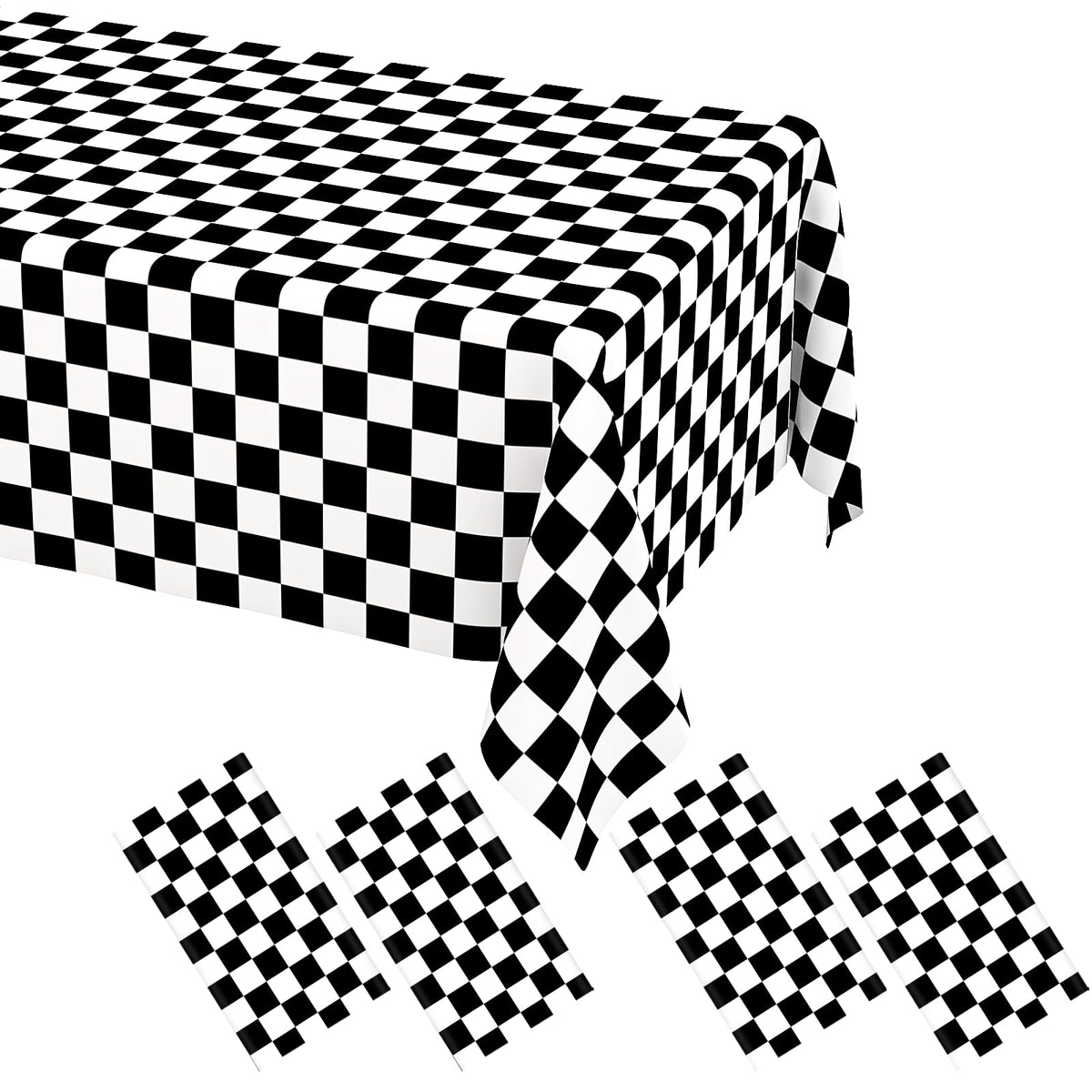 WNINK 4 Pack Black and White Checkered Disposable Tablecloth Race Car Theme Party Table Cloth, Black checkered tablecloth for Race Car Theme Birthday, Outdoor Picnic Parties Decorations, 54 × 108 Inch