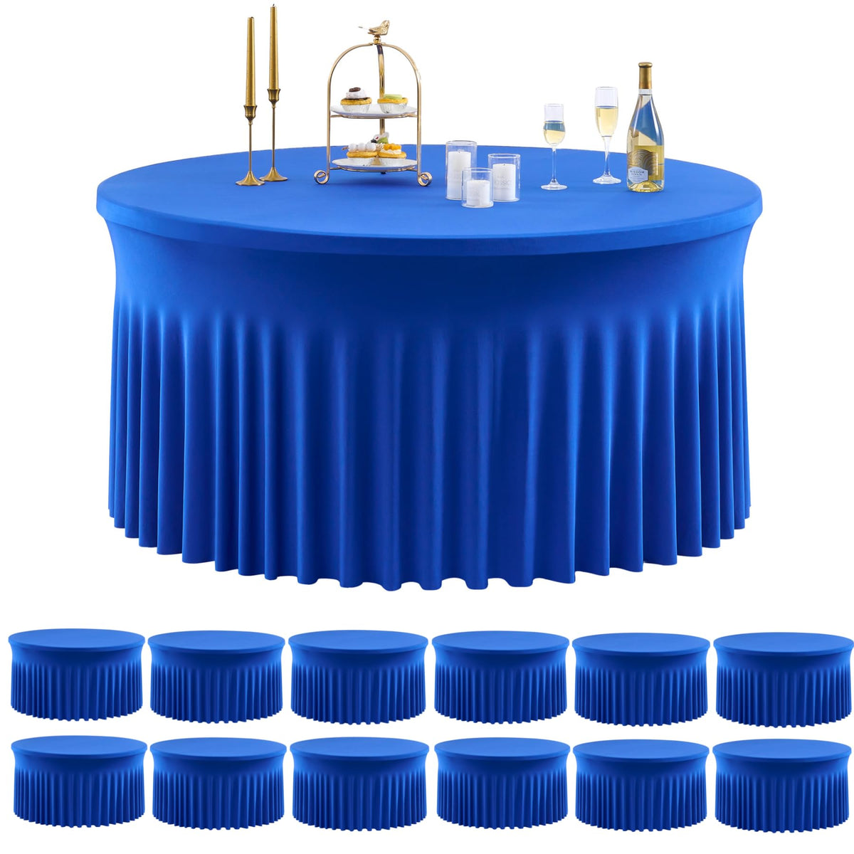 Outpain 6 Pack White Round Spandex Tablecloths for 60in Tables, 120Inch Stretchy Fitted 5FT Round Table Clothes,Wrinkle Free Table Cover with Skirt for Wedding Party Dining Banquet