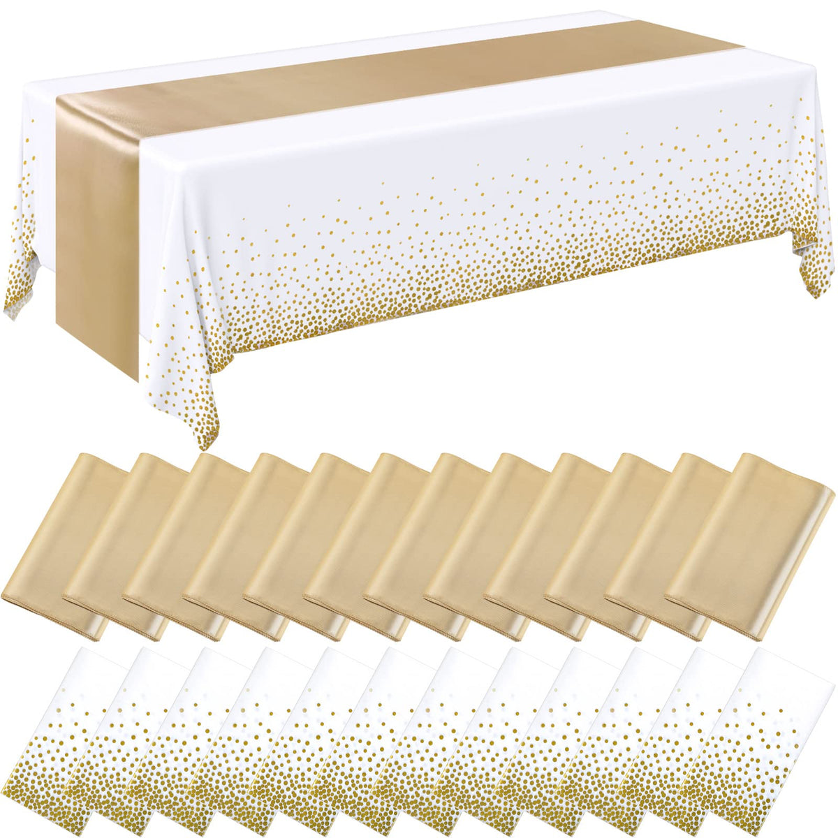 Breling 8 Pack Green and Gold Tablecloths and Satin Runners Set