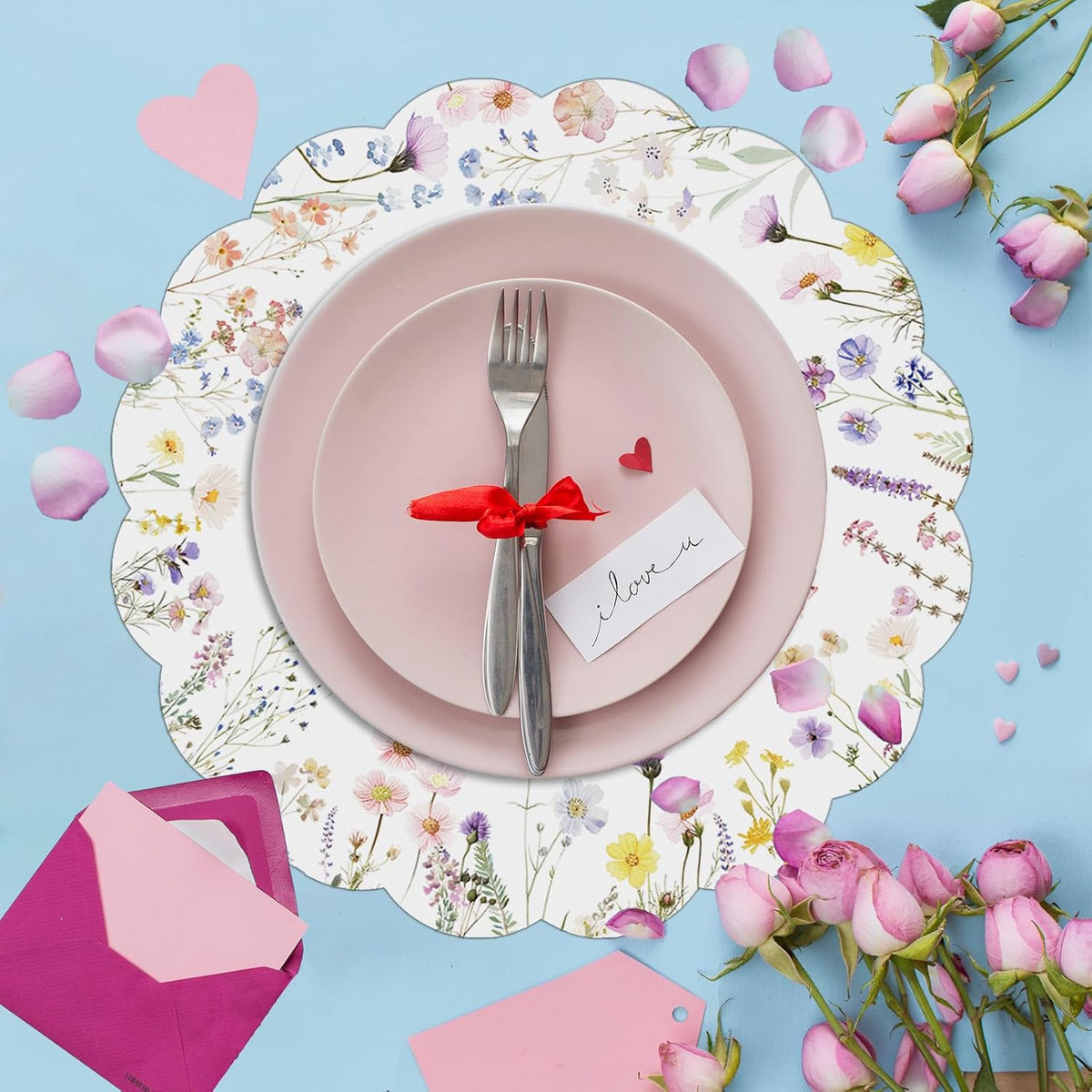 G.R.I Floral Paper Placemats 50 Pcs 13.5" Wildflower Round Disposable