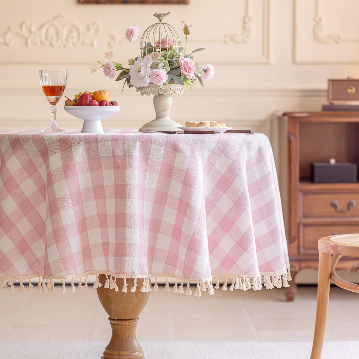 Alsoo Pink Gingham Tablecloth Rectangle 55 x 75 Inch, Washable Checkered Plaid Table Cloth Heavy Duty Linen Cotton Fabric for Mothers Day Outdoor Picnic Party Freshly Graduated