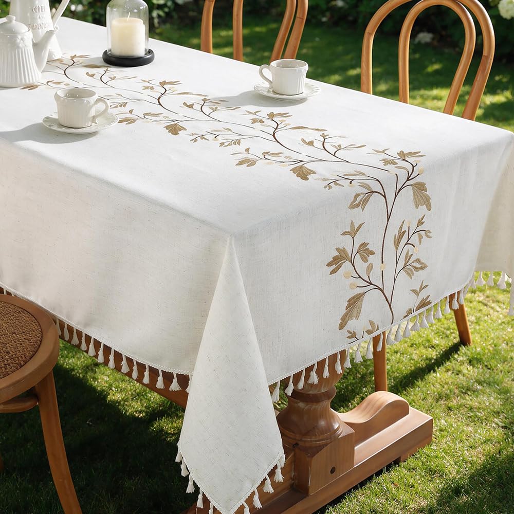 JIALE Tablecloths for Rectangle Tables, Cotton Linen Table Cloth Waterproof Tablecloth Wrinkle Free Farmhouse Dining Tables Cover, Soft Fabric Table Cloths with Tassels, Brown, 55" X 70", 4-6 Seats