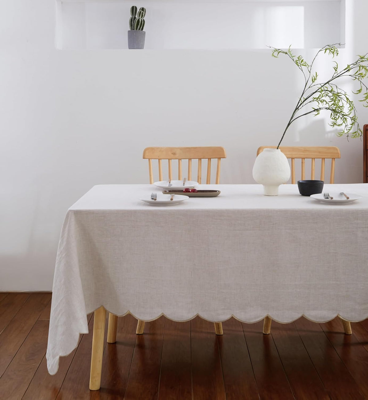 100% French Flax Linen Scalloped Embroidery Rectangle Tablecloths 120Lx60W Inch for Dinners, Parties, Spring, Machine Washable, 10-12 Sets, 60''x120'', Linen(Edges-Gold)