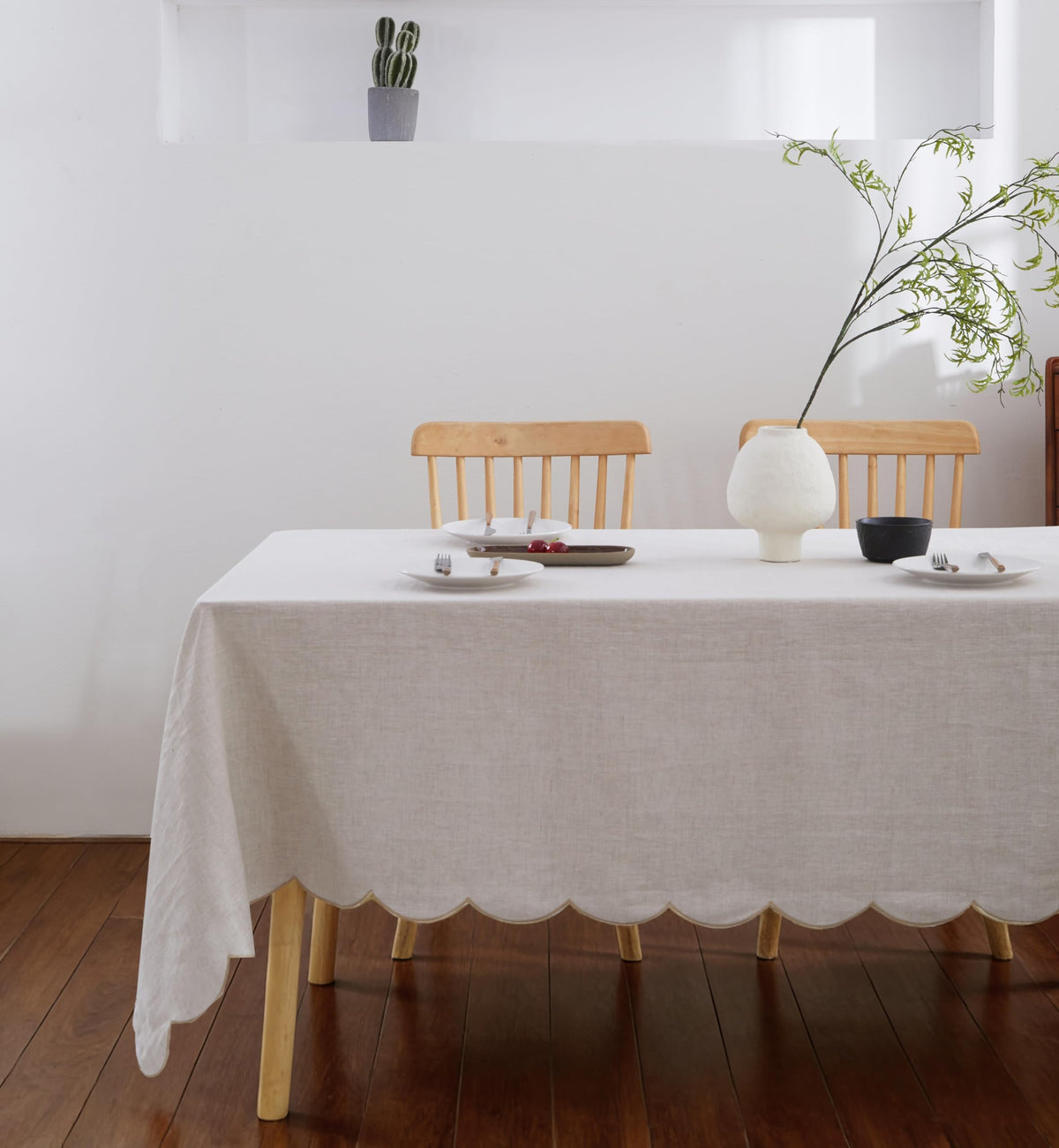 100% French Flax Linen Scalloped Embroidery Rectangle Tablecloths 120Lx60W Inch for Dinners, Parties, Spring, Machine Washable, 10-12 Sets, 60''x120'', Linen(Edges-Gold)