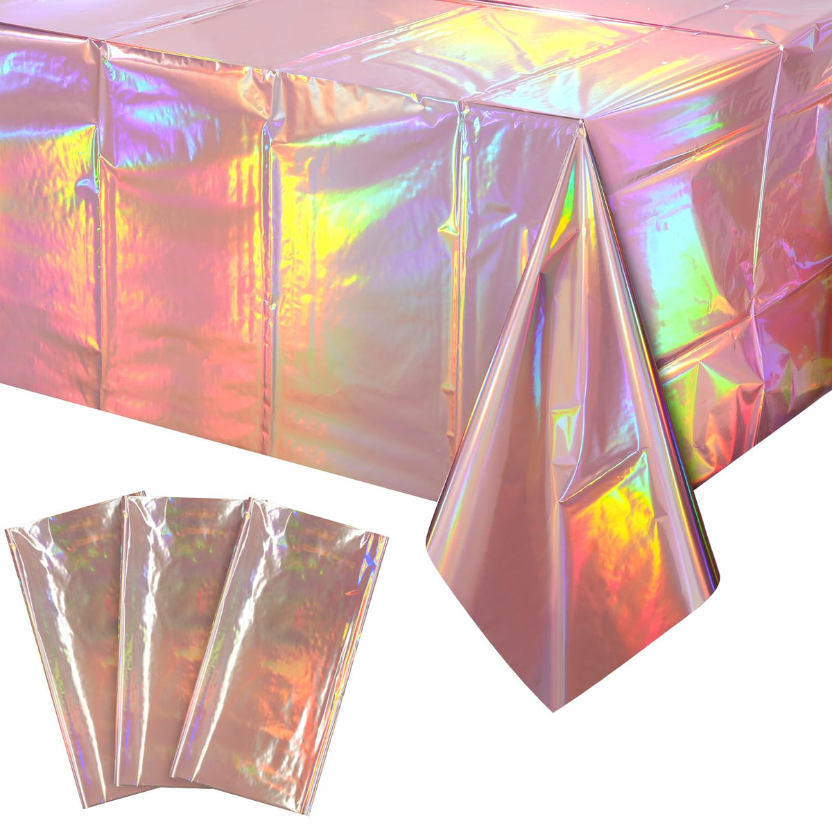 3 Pack Rose Gold Plastic Tablecloth, Dusty Pink Disposable Rectangle Table Covers, Holographic Metallic Foil Tablecloth Rose Party Supplies Decorations for Birthday Wedding Bachelorette, 54x108Inch