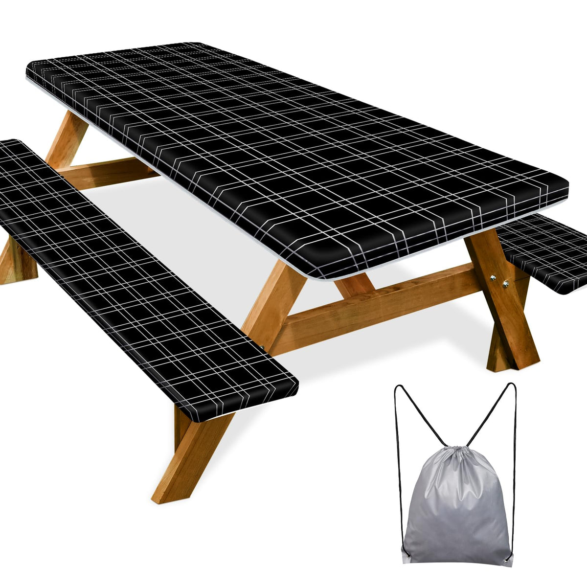 Picnic Table Cover with Bench Covers Camping Essentials Waterproof Windproof Camping Tablecloth with Drawstring Bag, Fitted Rectangle Tables and Seats, 72in, Bohemian