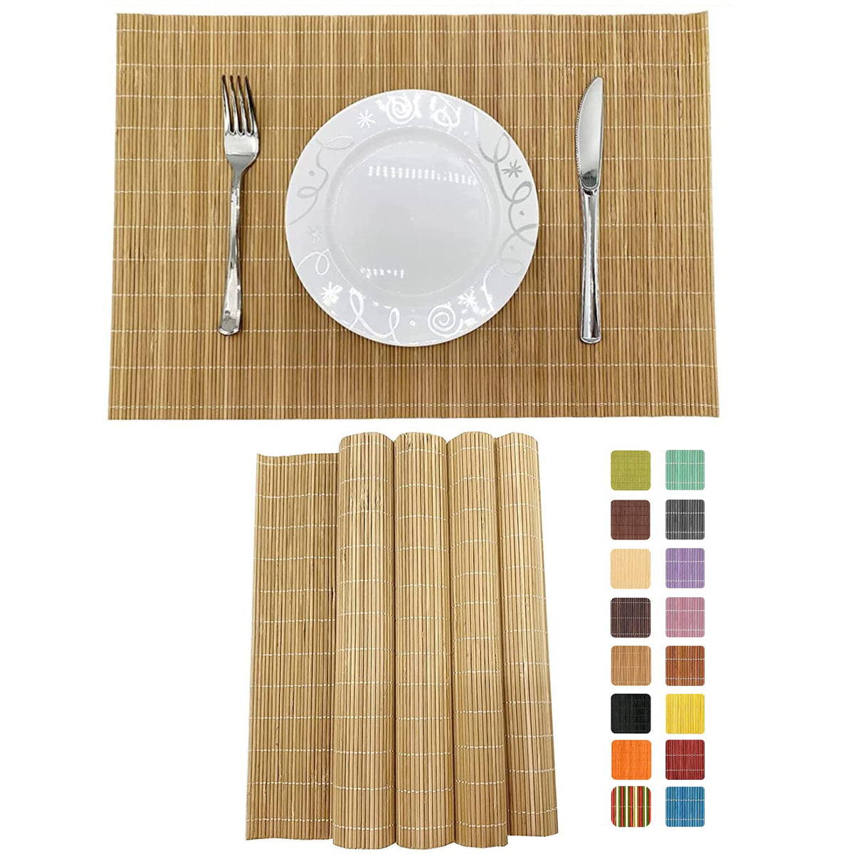 Set of 8 Pcs Bamboo Placemats Sushi Rolling Mat Japanese Style Natural Anti-Slip, Washable Heat-Resistant Table Mats for Dining Room and Kitchen（Brown）