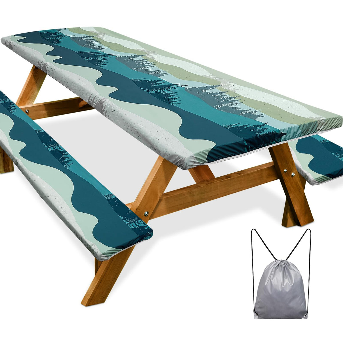 Picnic Table Cover with Bench Covers Camping Essentials Waterproof Windproof Camping Tablecloth with Drawstring Bag, Fitted Rectangle Tables and Seats, 72in, Bohemian
