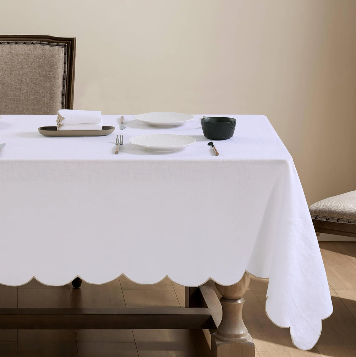 100% French Flax Linen Scalloped Embroidery Rectangle Tablecloths 120Lx60W Inch for Dinners, Parties, Spring, Machine Washable, 10-12 Sets, 60''x120'', Linen(Edges-Gold)