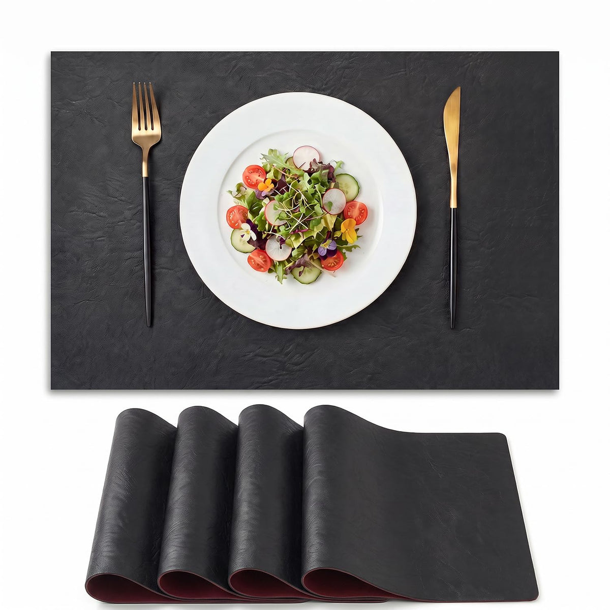 Artoid Mode Olive Green Faux Leather Placemats Set of 6, 12x18 Inch Waterproof Wipeable Heat Resistant Vinyl Place Mats, Reversible Table Mats for Kitchen Dining Decor