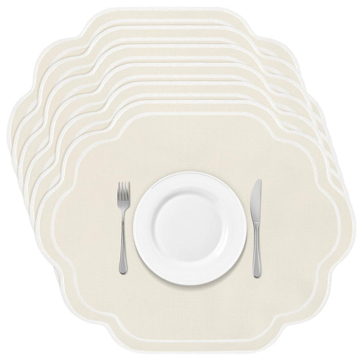 Breling 6 Pcs White Cotton Scalloped Placemats Embroidered Table Mats