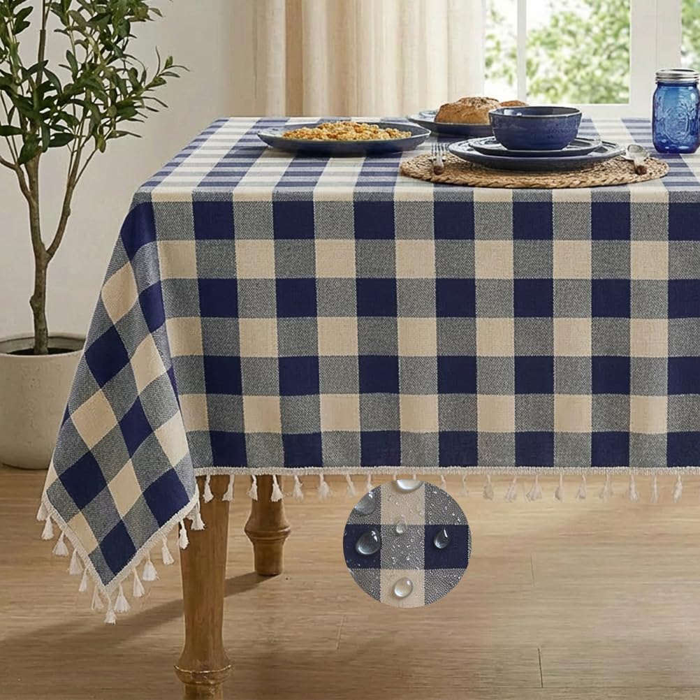 Deep Dream Water-Resistant Checkered Tablecloth Rectangle, Cotton Linen Gingham Table Cloth with Tassel, Wrinkle Free Buffalo Plaid Table Cover for Picnic Kitchen Dining Room - 55 x 70 Inch, Khaki
