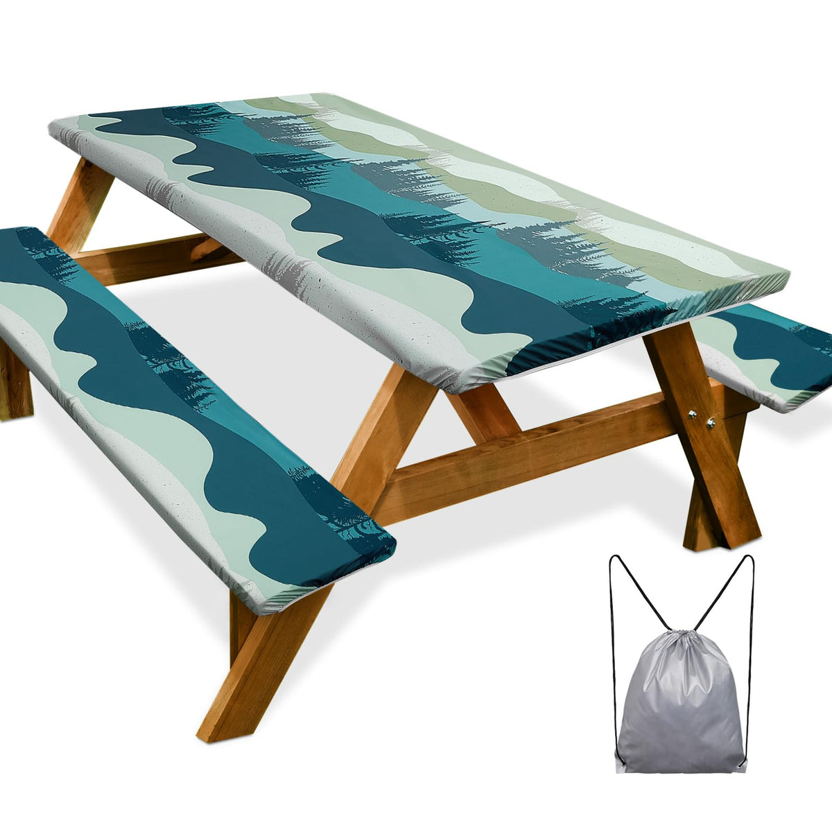 Picnic Table Cover with Bench Covers Camping Essentials Waterproof Windproof Camping Tablecloth with Drawstring Bag, Fitted Rectangle Tables and Seats, 72in, Bohemian
