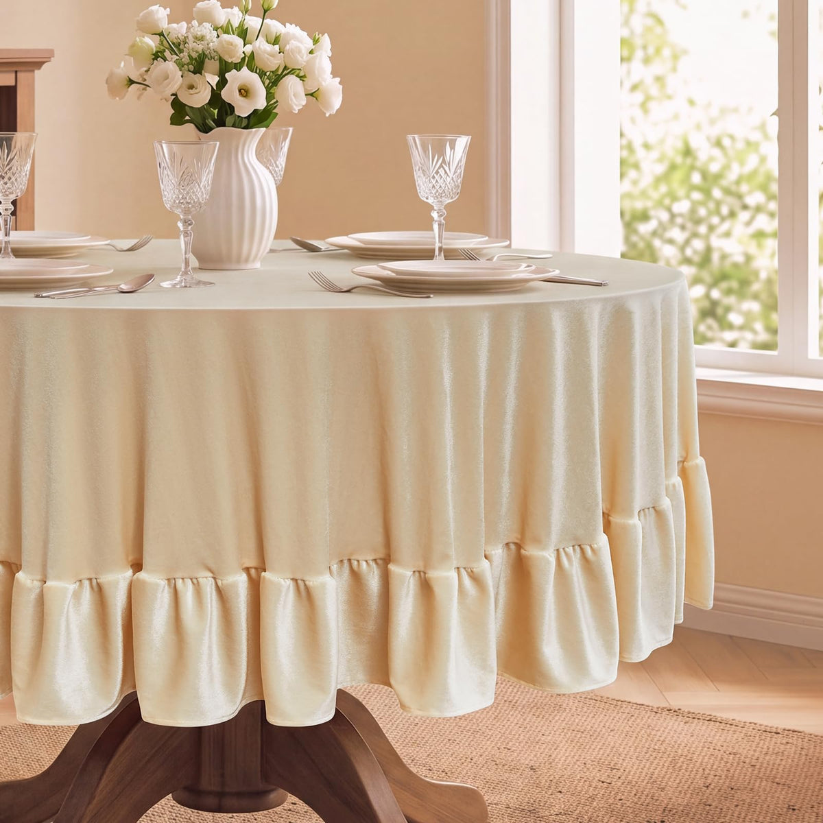 Romanstile Velvet Ruffle Rectangle Tablecloth, 60 x 84 Inch Olive Green